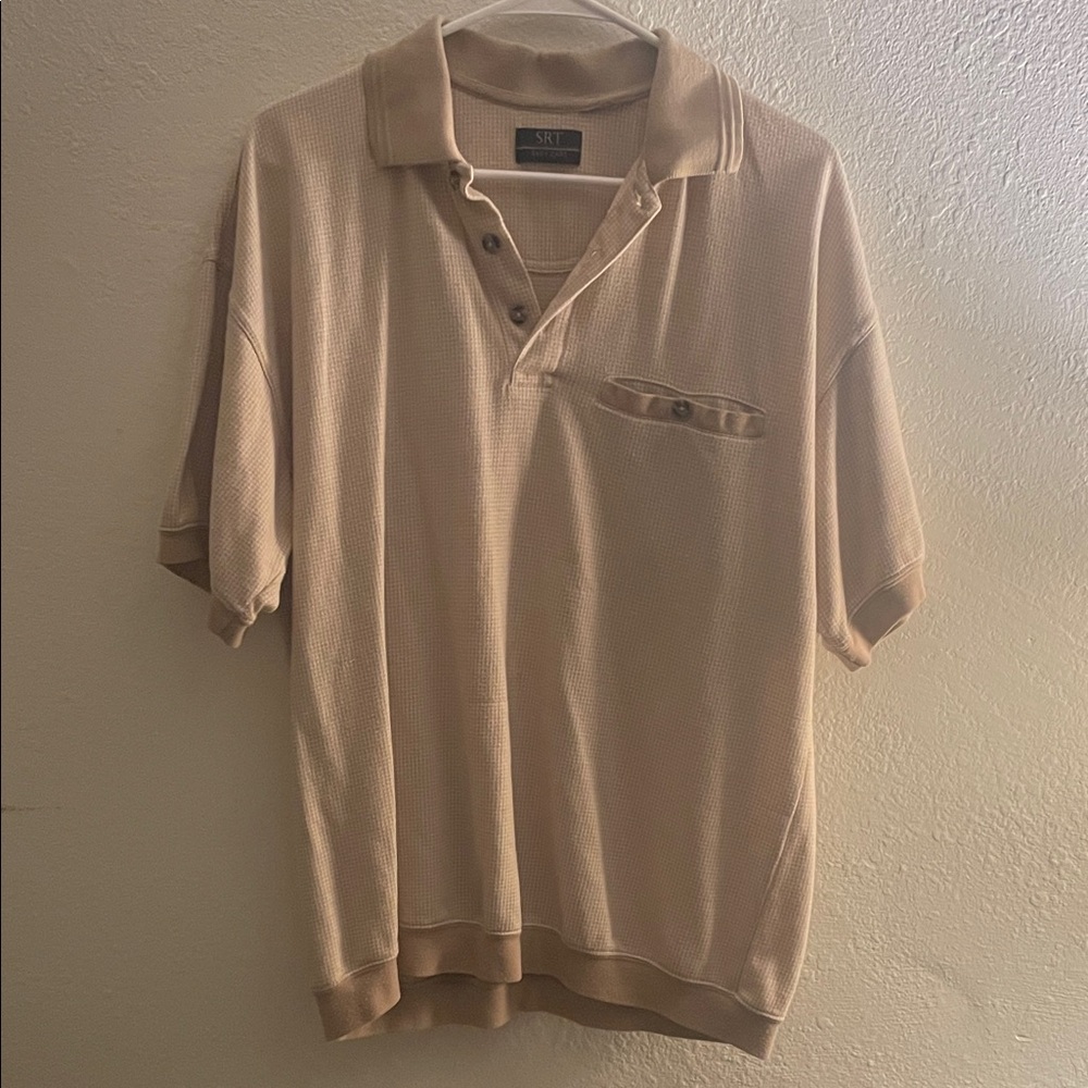 Beige Waffle Polo with Button Chest Pocket - Men's